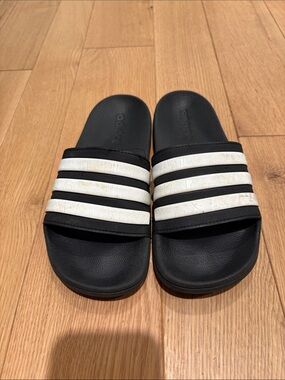 adidas Black Slide Sandals with White Three-Stripes